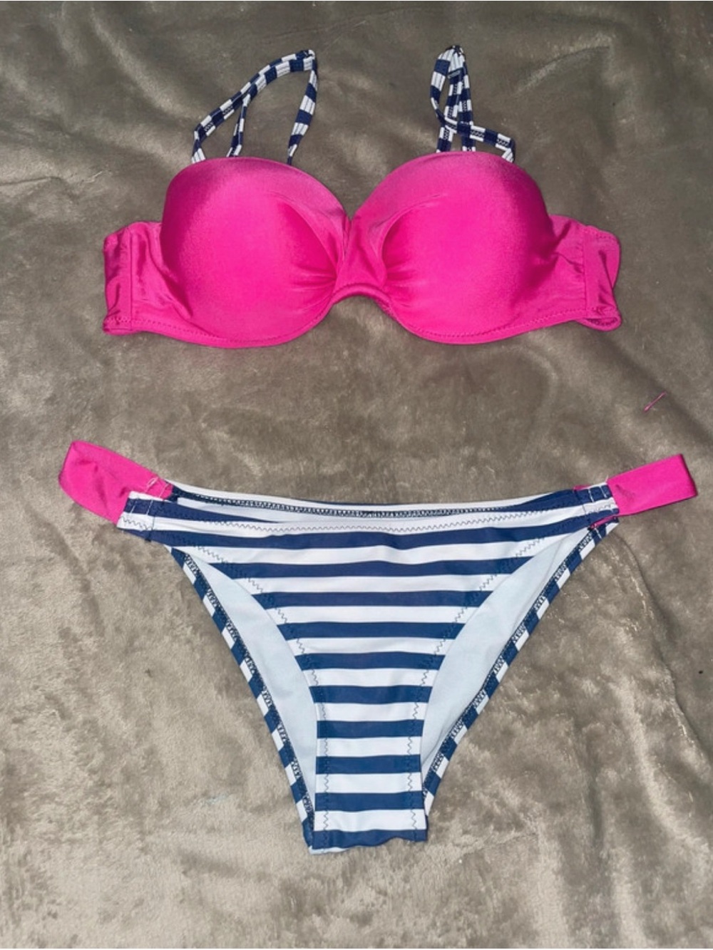 Junior’s Pink Swim Top with Navy Stripe Bikini Bottom